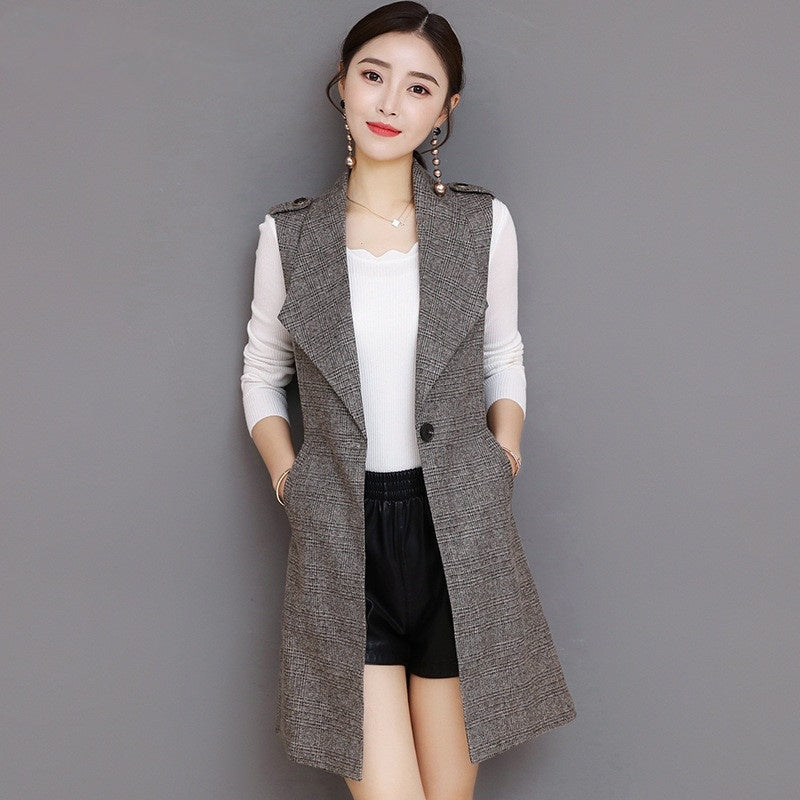 Plaid Long Blazer Vest Women Sleeveless Jacket - Heritage cosmetics and beauty care