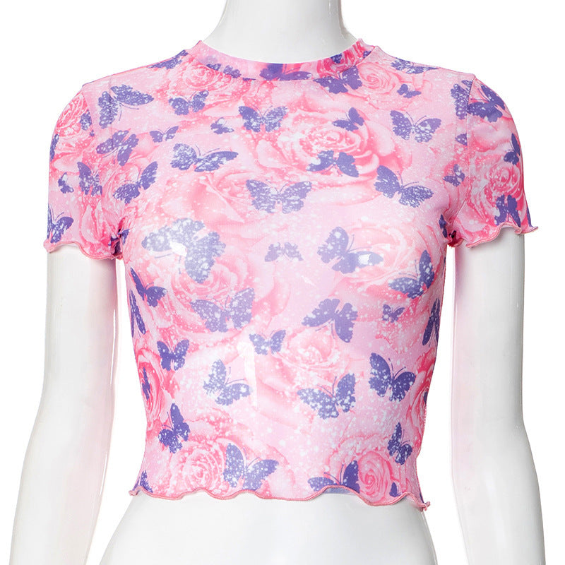 Butterfly Print Round Neck Midriff-baring T-shirt - Heritage cosmetics and beauty care