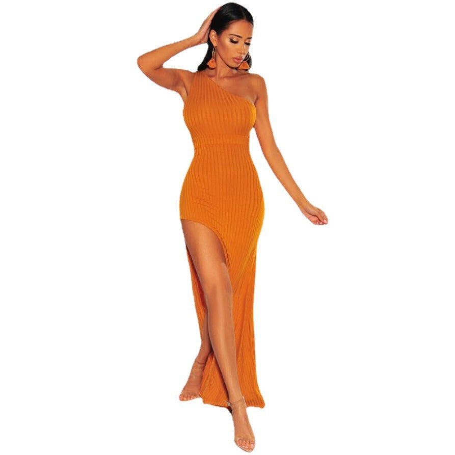 Slanted Shoulder Sleeveless High Slit Bandage Gown - Heritage cosmetics and beauty care