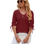 Button V-neck Solid Color Half Sleeves Loose-fitting T-shirt Top - Heritage cosmetics and beauty care