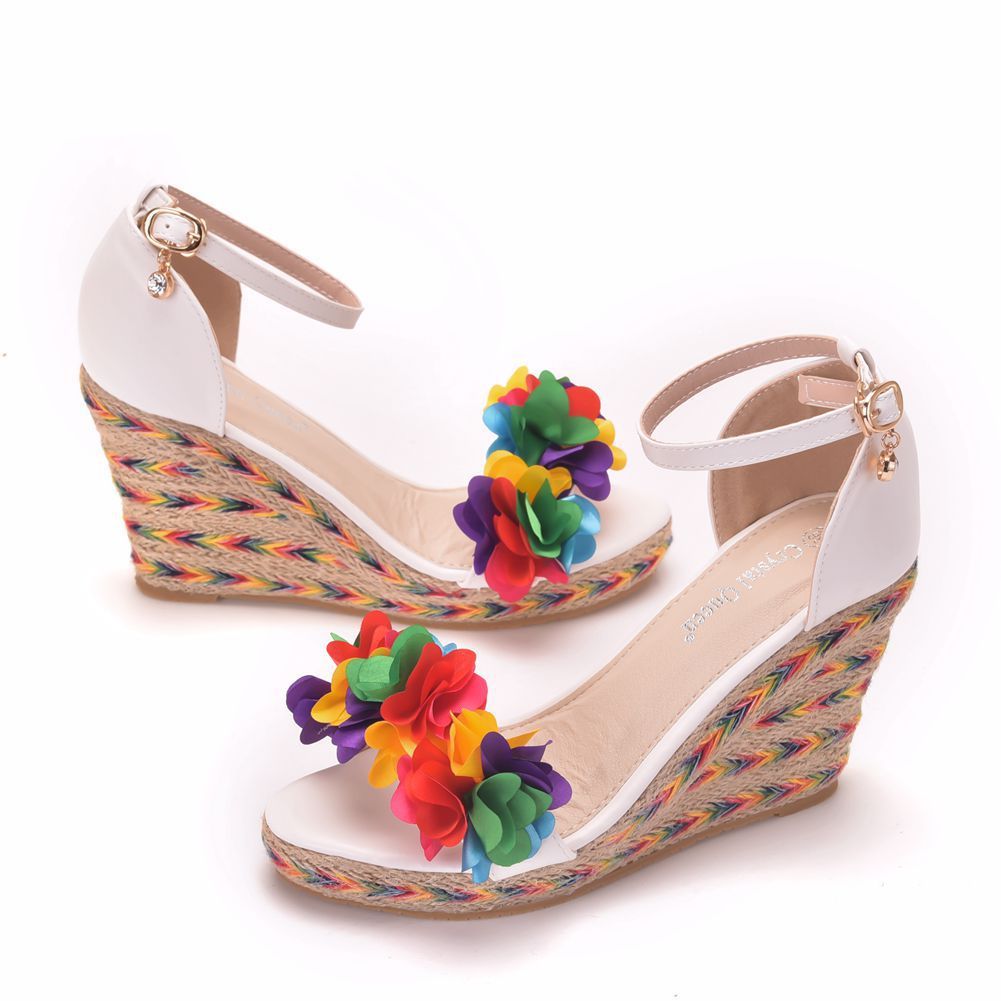 Colorful Flower Fish Mouth Wedge Sandals White Wedge Sandals - Heritage cosmetics and beauty care