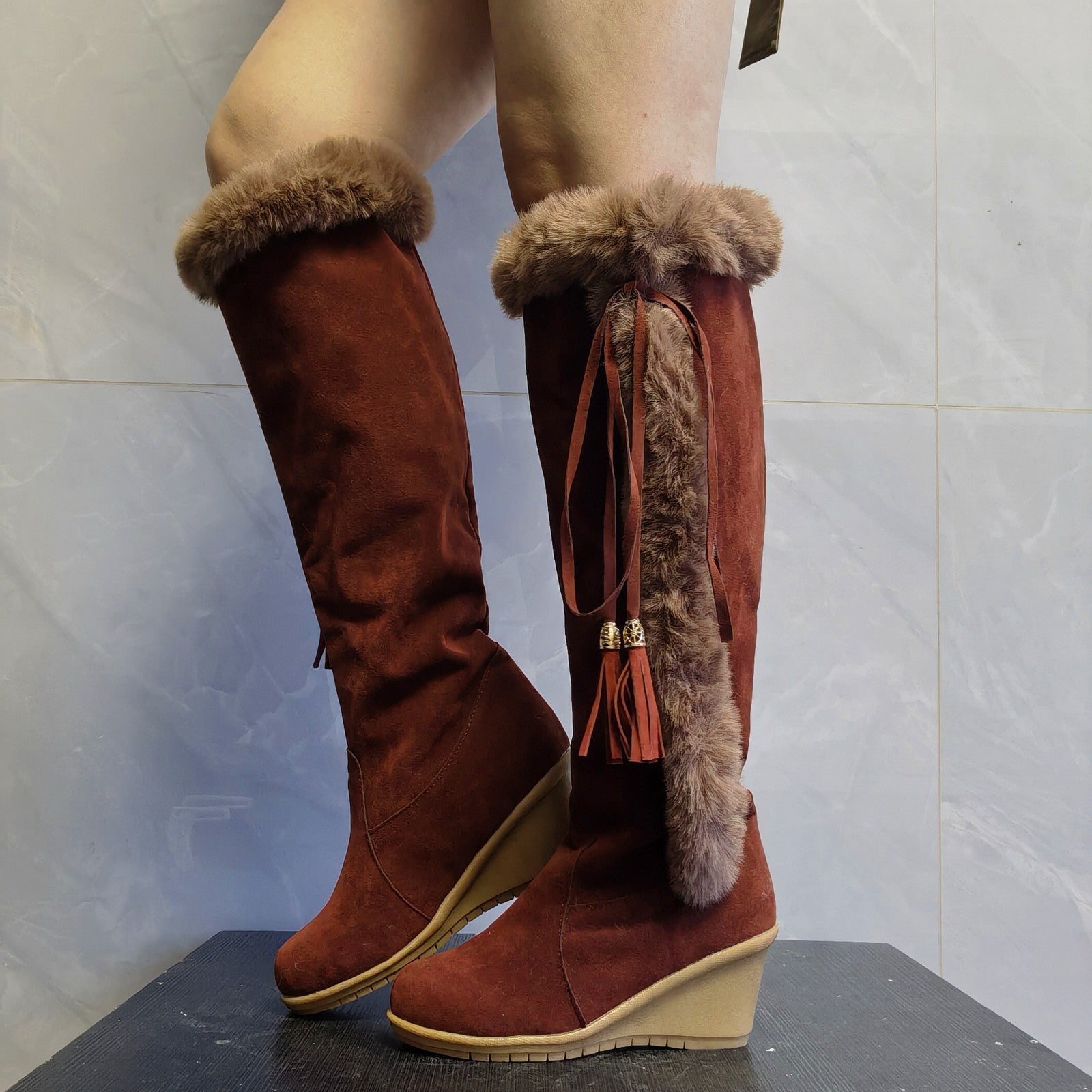 Winter Plush Long Boots For Women Combat Boots Wedges Shoes - Heritage cosmetics and beauty care