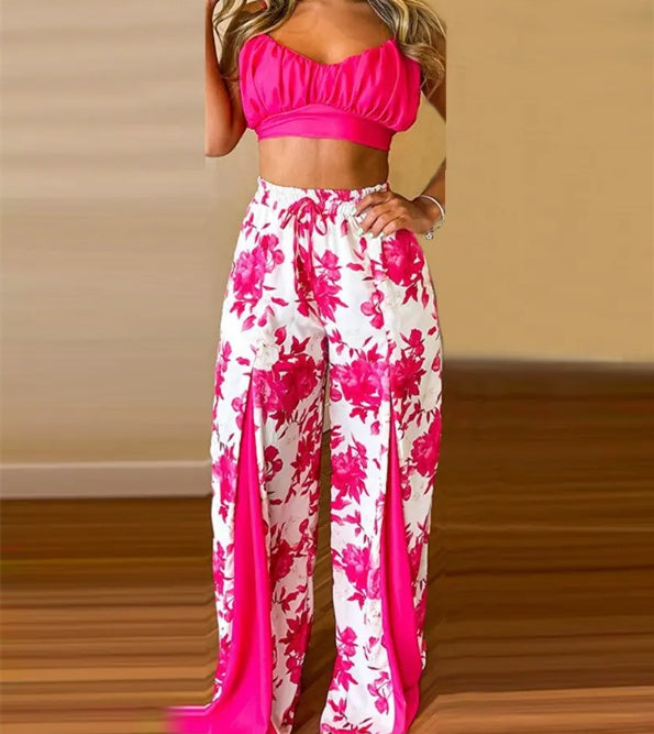 Women's Printed Contrast Wide Leg Pant Set - Heritage cosmetics and beauty care