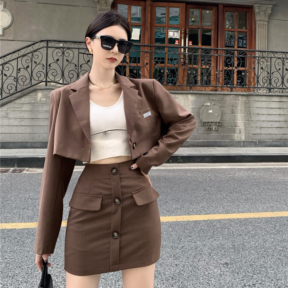 Blazer High Waist A Line Skirt Coffee Color Hong Kong Style Suit Women - Heritage cosmetics and beauty care