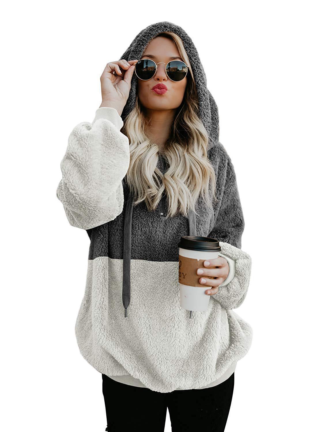 Women Casual Plush Hoodies Zipper Patchwork Hooded Drawstring Sweatshirt Autumn Winter Lady Hooded Warm Loose Tops Heritage cosmetics and beauty care