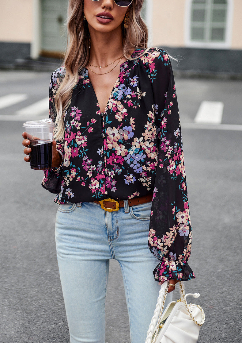 Women's Tops Casual Floral Print V Neck Long Sleeve Shirts Loose Chiffon Blouses Shirts Tops Heritage cosmetics and beauty care