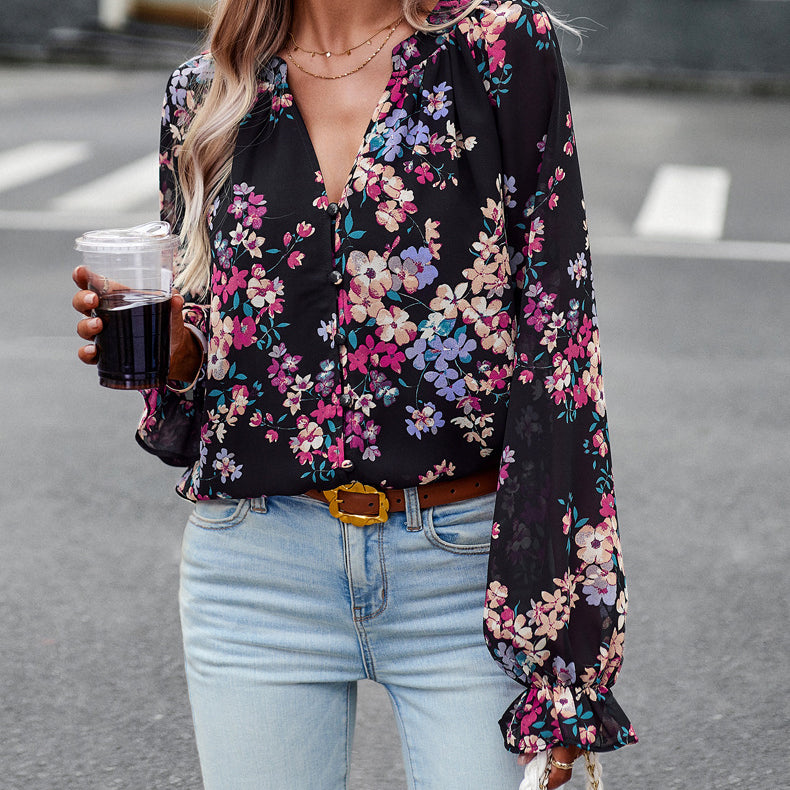 Women's Tops Casual Floral Print V Neck Long Sleeve Shirts Loose Chiffon Blouses Shirts Tops Heritage cosmetics and beauty care