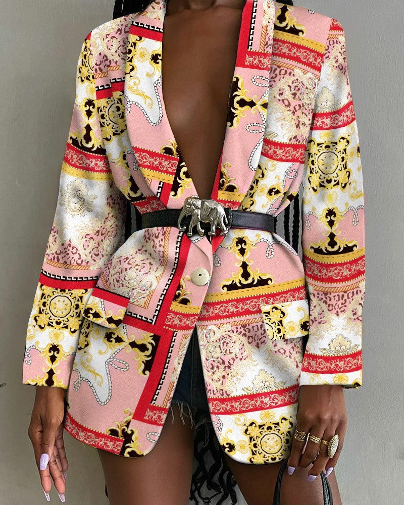 Fashion Printed Shawl Collar Single-breasted Belt Blazer Women - Heritage cosmetics and beauty care