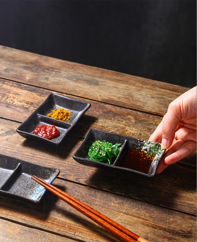 Ceramic Double-grid Korean-style Barbecue Seasoning Hot Pot Sauce Dipping Plates - Heritage cosmetics and beauty care