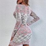 V-neck Slim-fit Two-tone Knitted Long Sleeve Sweater Color-matching Dress - Heritage cosmetics and beauty care