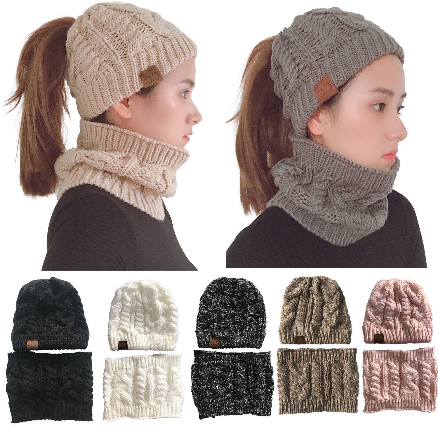 Autumn Winter Women's Hat Caps Knitted Warm ring Scarf Windproof Balaclava Multi Functional CC ponytail Hats Scarf Set For Women - Heritage cosmetics and beauty care