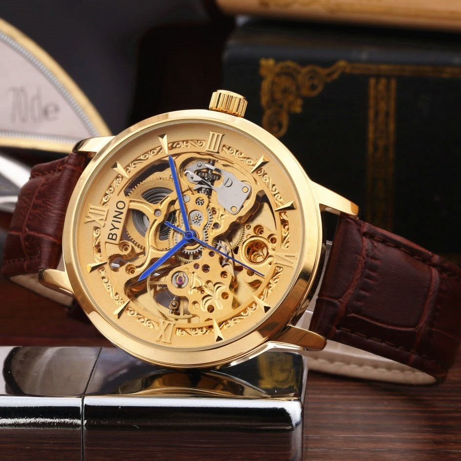 Authentic Mens Casual Leather Hollowing Automatic Mechanical Watches Through The End Of The Golden Youth Men's Wholesale Waterproof - Heritage cosmetics and beauty care