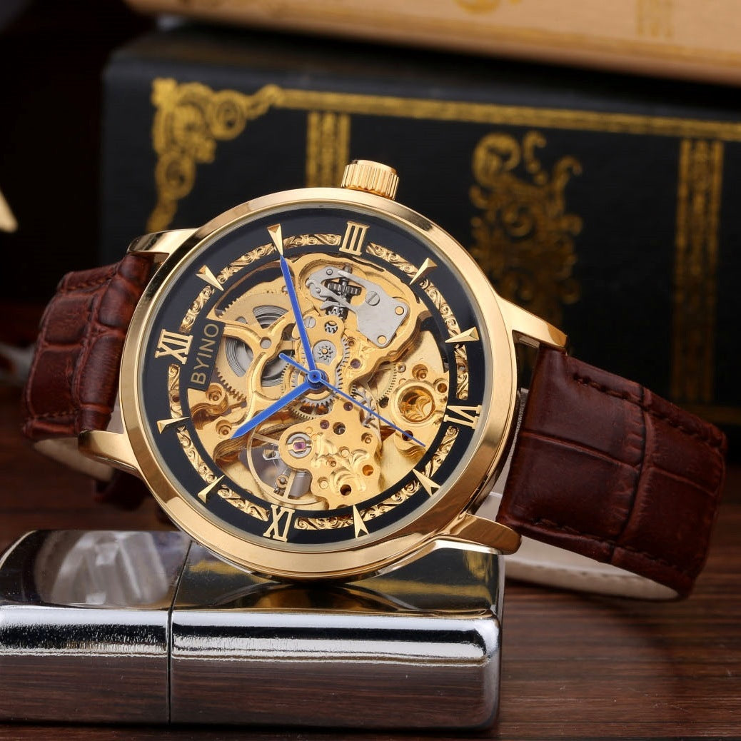 Authentic Mens Casual Leather Hollowing Automatic Mechanical Watches Through The End Of The Golden Youth Men's Wholesale Waterproof - Heritage cosmetics and beauty care