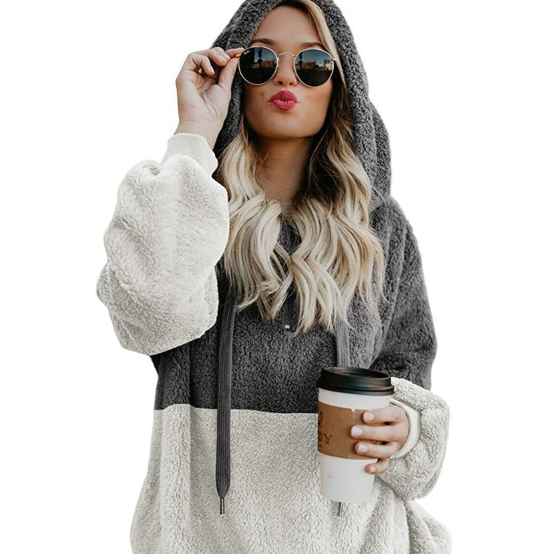 Women Casual Plush Hoodies Zipper Patchwork Hooded Drawstring Sweatshirt Autumn Winter Lady Hooded Warm Loose Tops Heritage cosmetics and beauty care