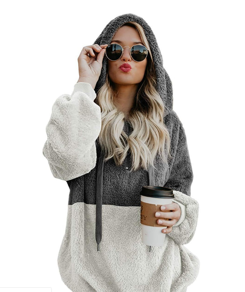 Women Casual Plush Hoodies Zipper Patchwork Hooded Drawstring Sweatshirt Autumn Winter Lady Hooded Warm Loose Tops Heritage cosmetics and beauty care