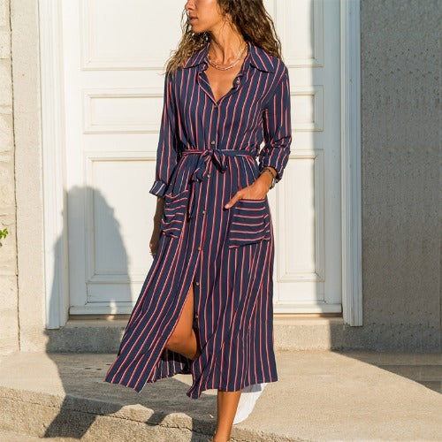 Stripe Shirt Women's Dress Spring Summer Chiffon V-neck Sexy Maxi Dresses Sexy Elegant Casual Girl Lace Women Long Sleeve Heritage cosmetics and beauty care