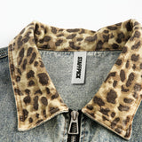 American-style Retro Street Washed Leopard Print Lapel Denim Jacket