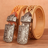 Ethnic Style Waistband Head Layer Cowhide Mongolia Auspicious Pattern Embossed - Heritage cosmetics and beauty care