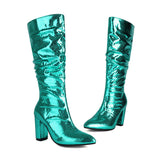 European And American Style Patent Leather Plaid Boots Pointed Toe Chunky Heel Women