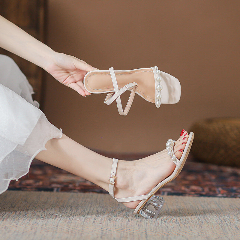 Transparent Ankle-strap Pearl High Heels - Heritage cosmetics and beauty care