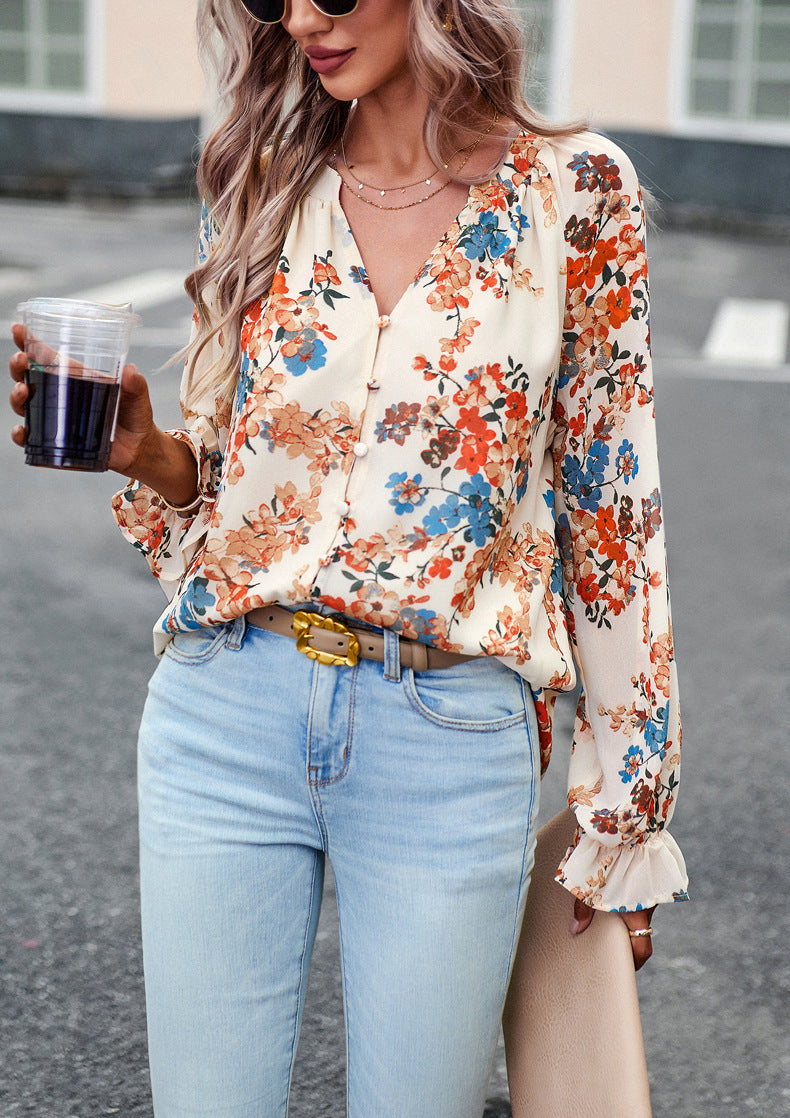 Women's Tops Casual Floral Print V Neck Long Sleeve Shirts Loose Chiffon Blouses Shirts Tops Heritage cosmetics and beauty care