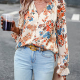 Women's Tops Casual Floral Print V Neck Long Sleeve Shirts Loose Chiffon Blouses Shirts Tops Heritage cosmetics and beauty care