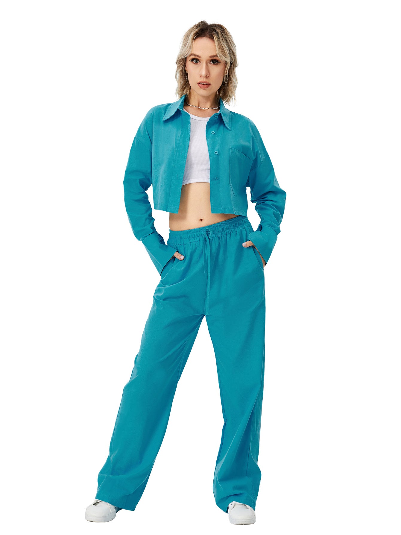 Women Two Piece Outfits For Women Long Sleeve Button Down Wide Leg Loungewear Pajama Set - Heritage cosmetics and beauty care