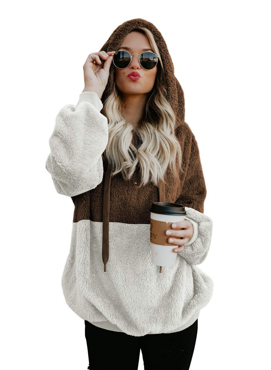 Women Casual Plush Hoodies Zipper Patchwork Hooded Drawstring Sweatshirt Autumn Winter Lady Hooded Warm Loose Tops Heritage cosmetics and beauty care