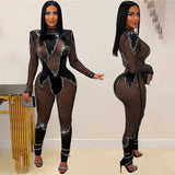 Wear Pure Color Mesh Rhinestone Long-sleeved Trousers Jumpsuit - Heritage cosmetics and beauty care