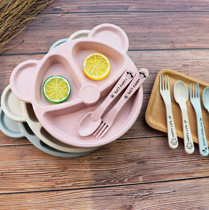 Wheat Split Bear Children's Dinner Plate Set Creative Household Tableware Baby Split Plate Breakfast Plate Free Fork Spoon - Heritage cosmetics and beauty care