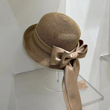 Women's Fashion Simple Large Ribbon Bow Straw Bucket Hat - Heritage cosmetics and beauty care