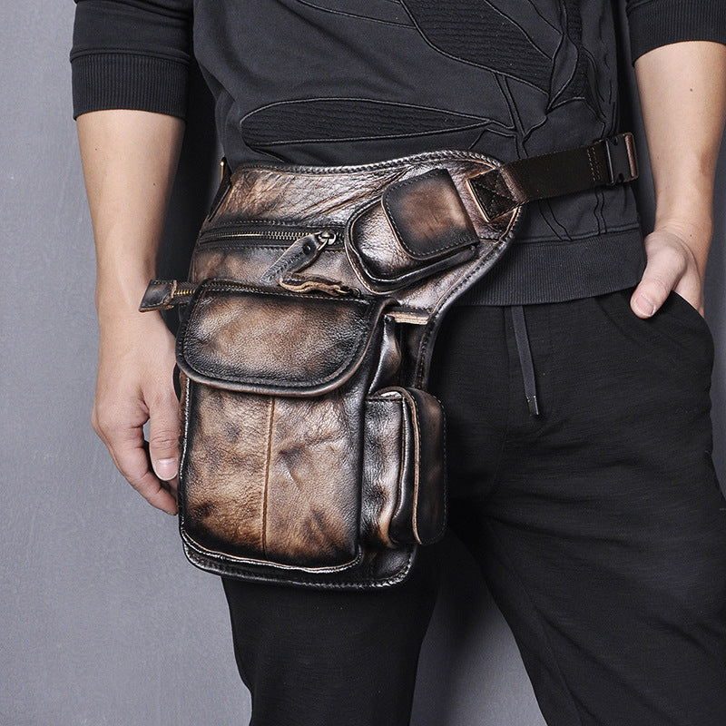 First Layer Oil Waxed Leather Cowhide Vintage Men's Outdoor Leg Bag Waist Bag