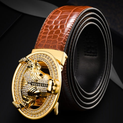 Automatic Buckle  Leather With Diamond-studded  Pattern Bull Head Belt - Heritage cosmetics and beauty care