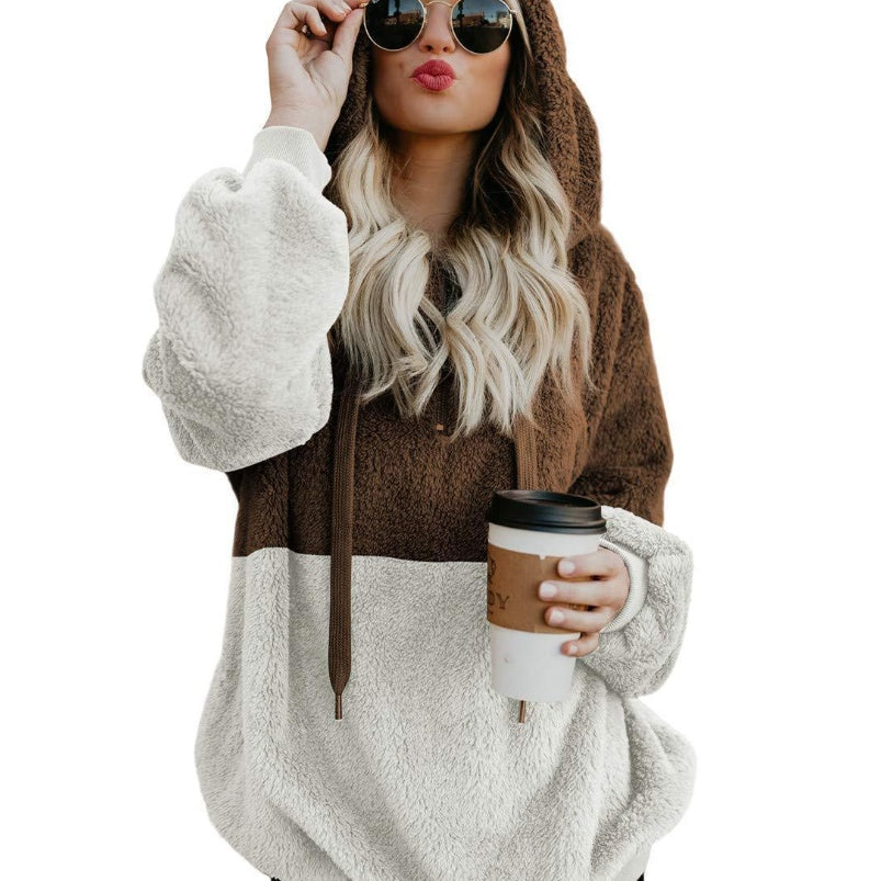 Women Casual Plush Hoodies Zipper Patchwork Hooded Drawstring Sweatshirt Autumn Winter Lady Hooded Warm Loose Tops Heritage cosmetics and beauty care