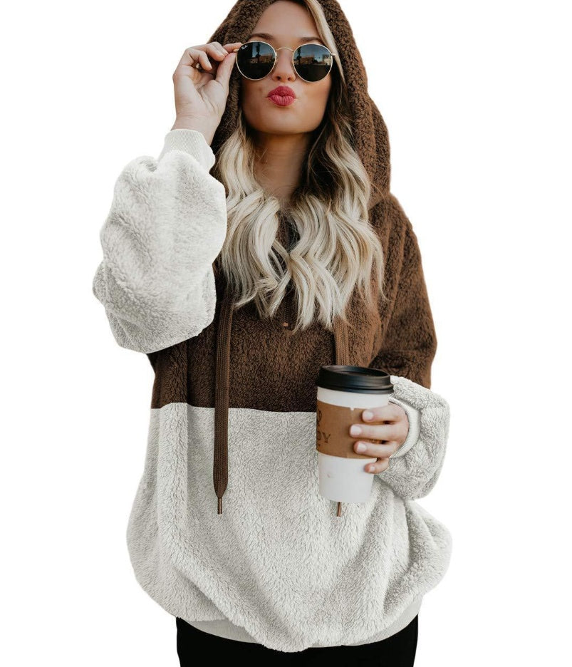 Women Casual Plush Hoodies Zipper Patchwork Hooded Drawstring Sweatshirt Autumn Winter Lady Hooded Warm Loose Tops Heritage cosmetics and beauty care