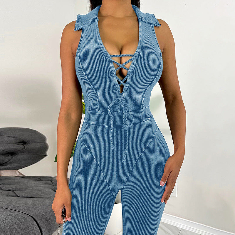 Women's Suspenders Skinny Butt Lifter Jumpsuit With Lapel Straps - Heritage cosmetics and beauty care