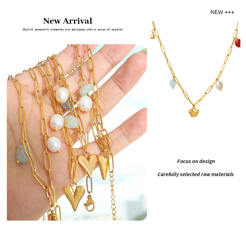 Fashion Creative Design Sense Niche Personality Accessories Freshwater Pearl Gold Plated Peach Heart Lotus Seedpod Natural Stone Necklace - Heritage cosmetics and beauty care