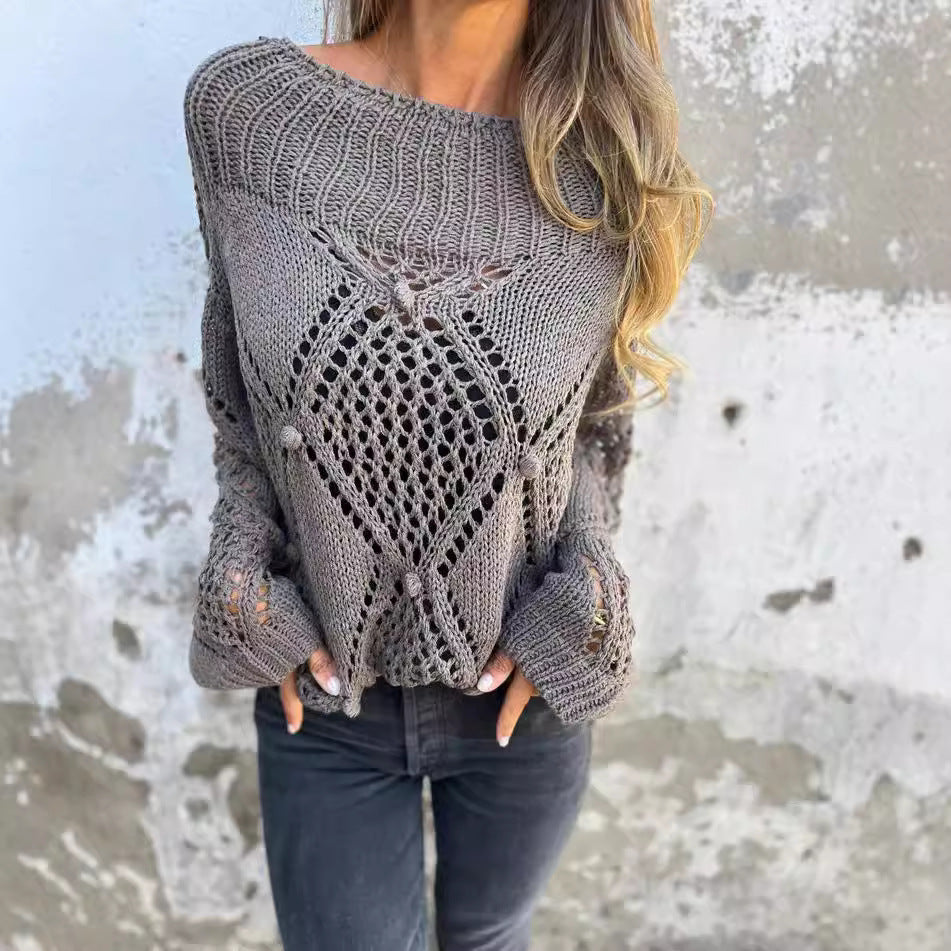 European And American Leisure Loose Hollow Out Sweater Round Neck Knitted Top - Heritage cosmetics and beauty care