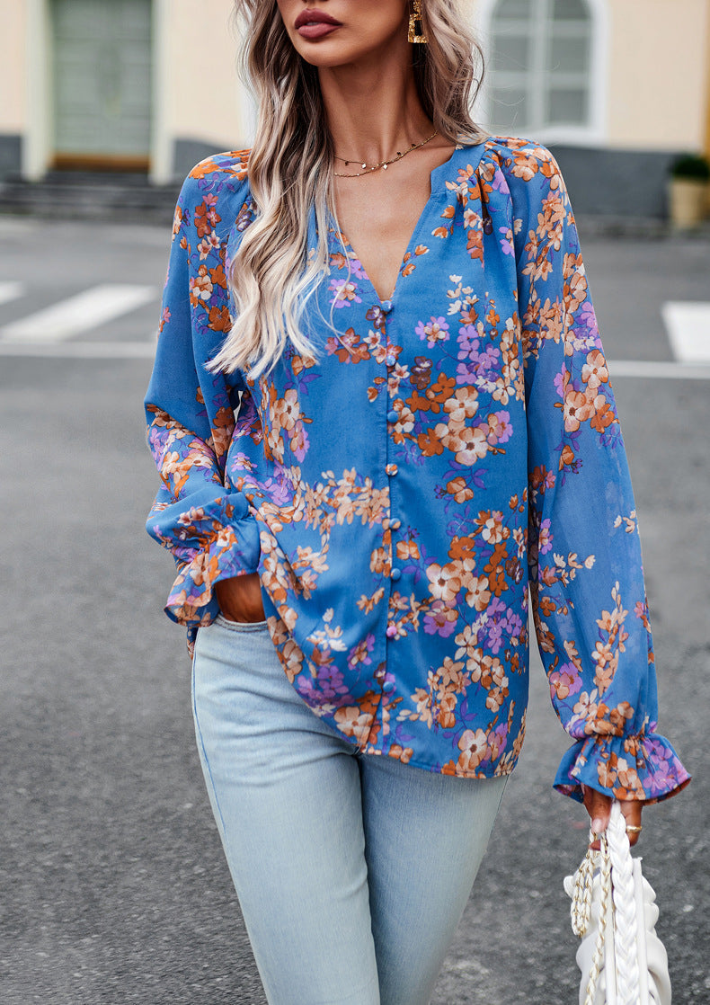 Women's Tops Casual Floral Print V Neck Long Sleeve Shirts Loose Chiffon Blouses Shirts Tops Heritage cosmetics and beauty care