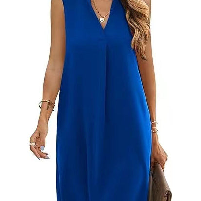 Sleeveless Elegant V-neck Loose Solid Color Dress Women - Heritage cosmetics and beauty care