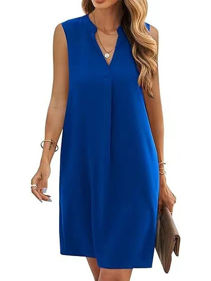 Sleeveless Elegant V-neck Loose Solid Color Dress Women - Heritage cosmetics and beauty care