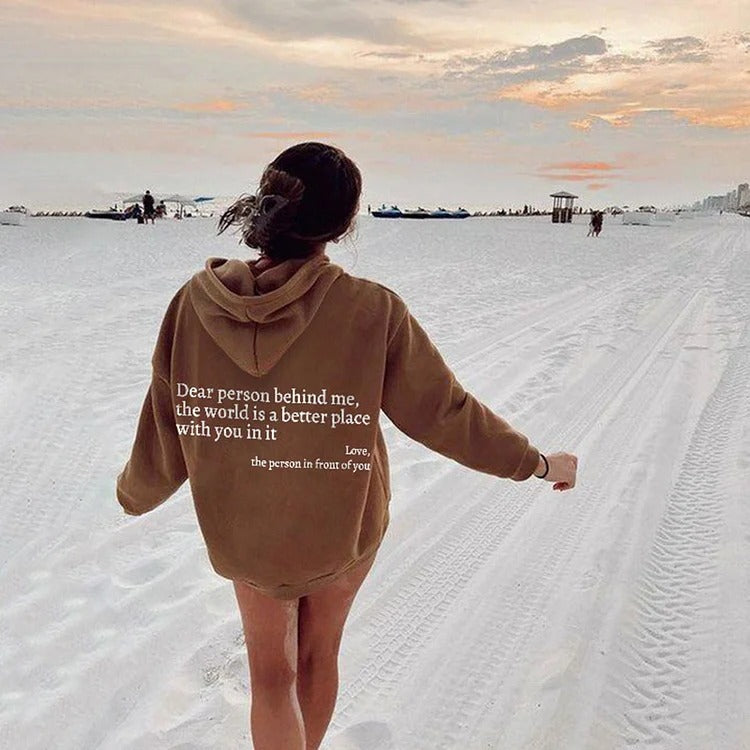 Dear Person Behind Me,the World Is A Better Place,with You In It,love,the Person In Front Of You,Women's Plush Letter Printed Kangaroo Pocket Drawstring Printed Hoodie Unisex Trendy Hoodies Heritage cosmetics and beauty care