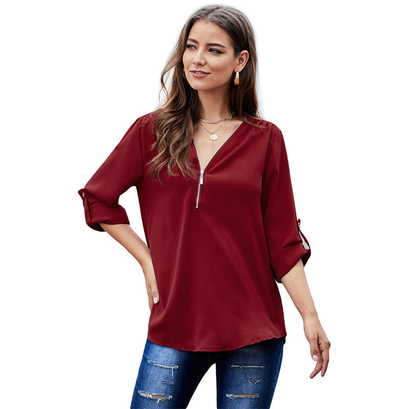 Women's Shirts Solid Color Sexy V-neck Zipper Half Sleeves Heritage cosmetics and beauty care