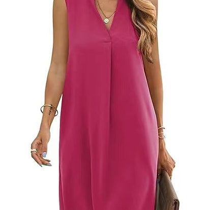 Sleeveless Elegant V-neck Loose Solid Color Dress Women - Heritage cosmetics and beauty care