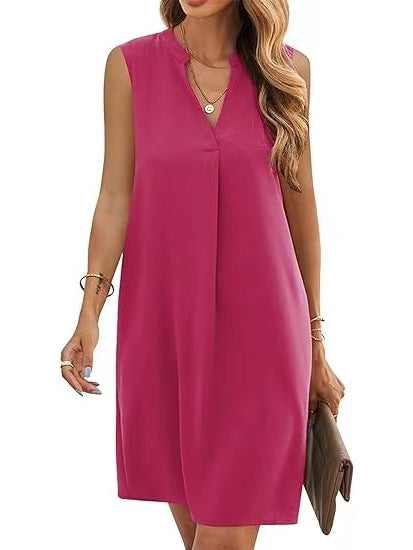 Sleeveless Elegant V-neck Loose Solid Color Dress Women - Heritage cosmetics and beauty care