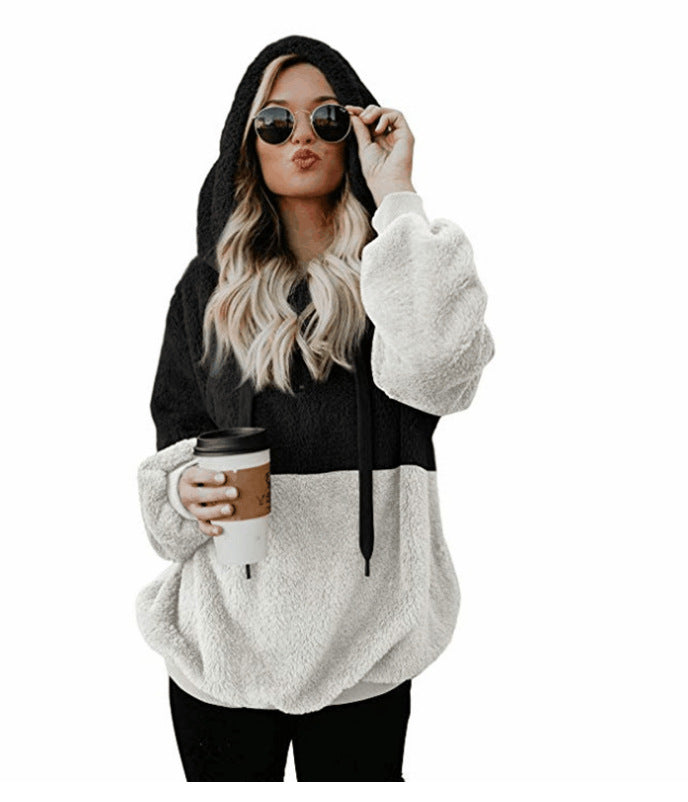 Women Casual Plush Hoodies Zipper Patchwork Hooded Drawstring Sweatshirt Autumn Winter Lady Hooded Warm Loose Tops Heritage cosmetics and beauty care