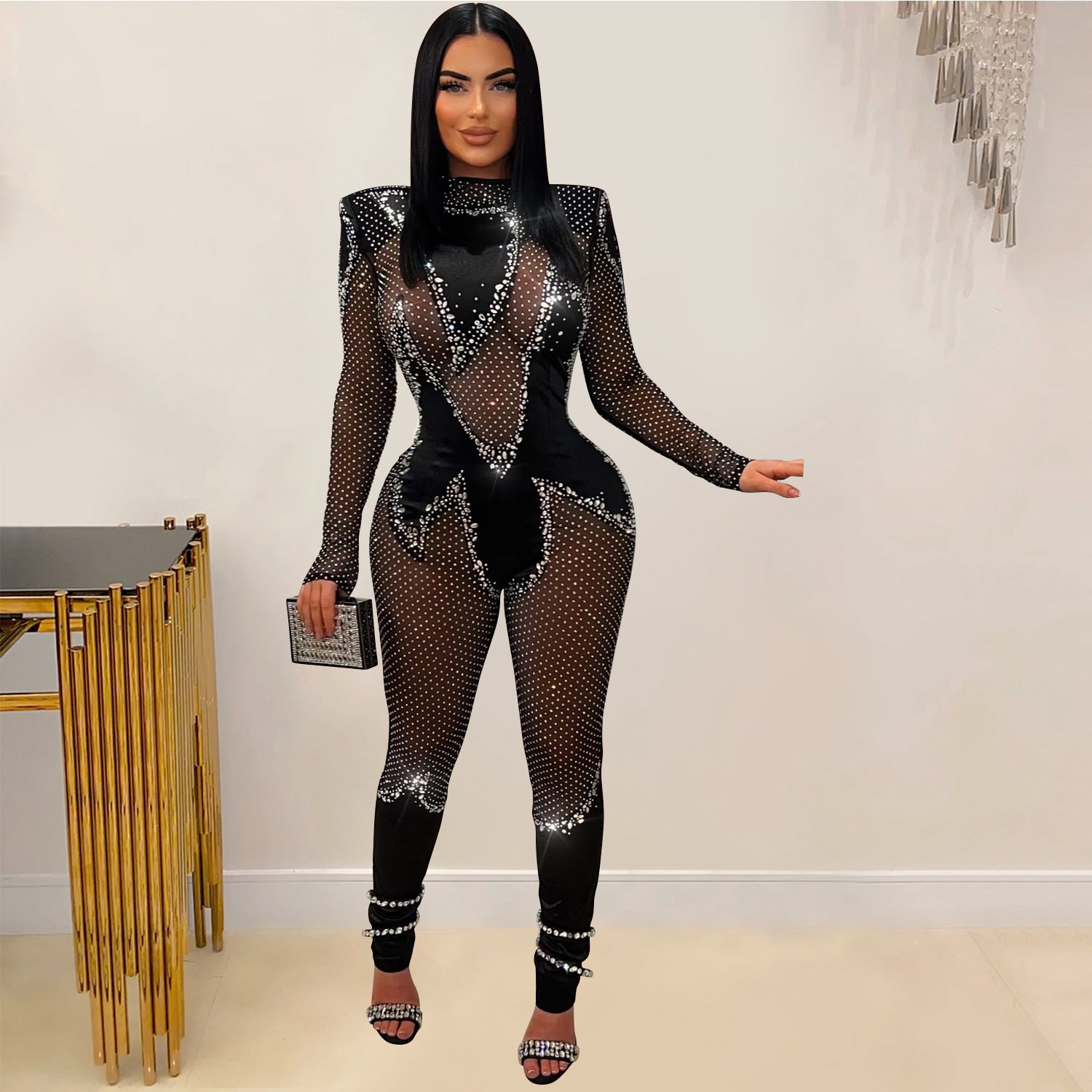 Wear Pure Color Mesh Rhinestone Long-sleeved Trousers Jumpsuit - Heritage cosmetics and beauty care