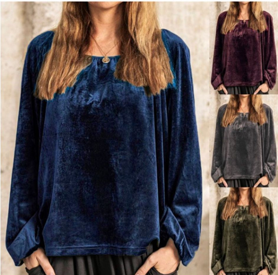 Round neck pullover pleated lantern sleeve velvet top Heritage cosmetics and beauty care