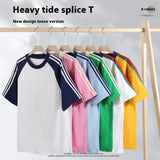 Cotton Heavy Raglan Color Stripes Short Sleeve Men's European And American Couple Loose Solid Color Color Stripes T-shirt - Heritage cosmetics and beauty care