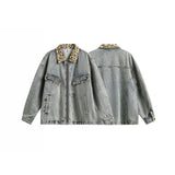 American-style Retro Street Washed Leopard Print Lapel Denim Jacket